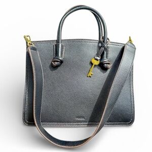 Fossil Skylar Satchel Black Pebbled Leather Shoulder Bag Key Charm